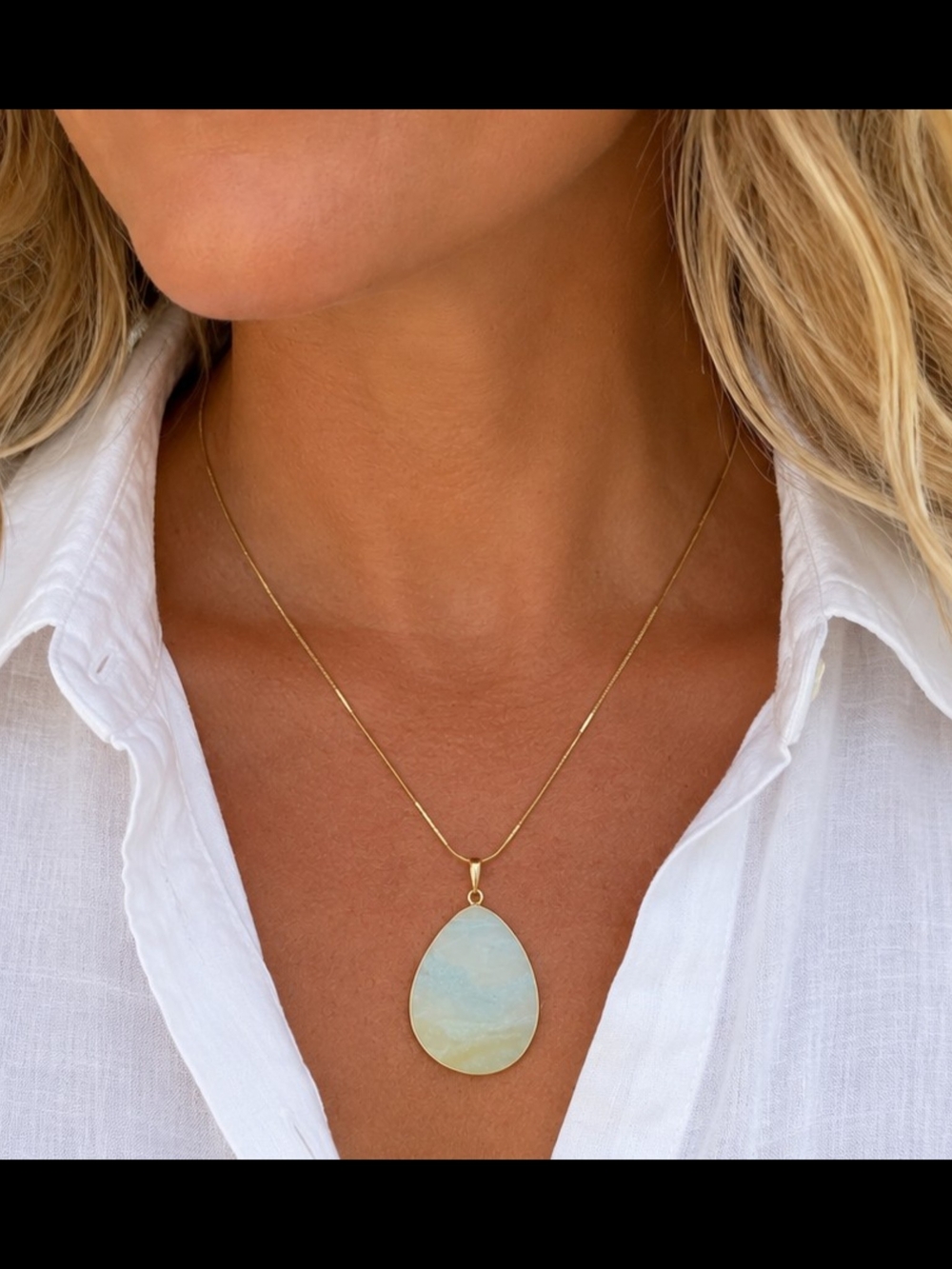 Natural Amazonite Ocean Drop Necklace Gold Stainless Steel Coastal Beach Jewelry